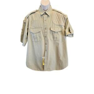 Vintage Willis & Geiger sz XL khaki shootin shirt double pocket shoulder patch #
